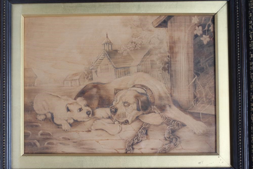 A PAIR OF VICTORIAN PENWORK PICTURES featuring dogs Image