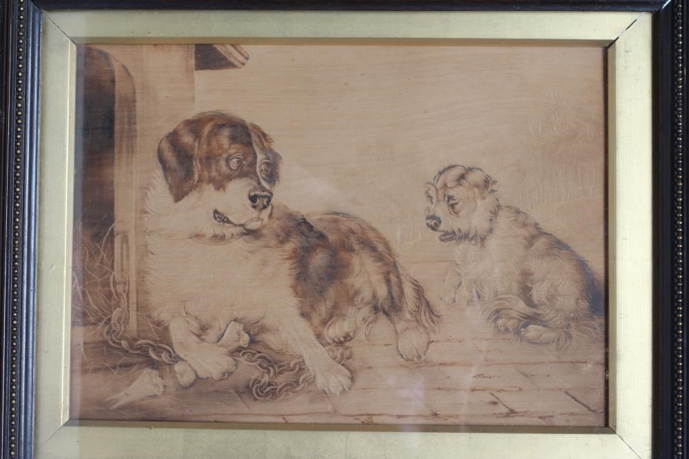 A PAIR OF VICTORIAN PENWORK PICTURES featuring dogs Image