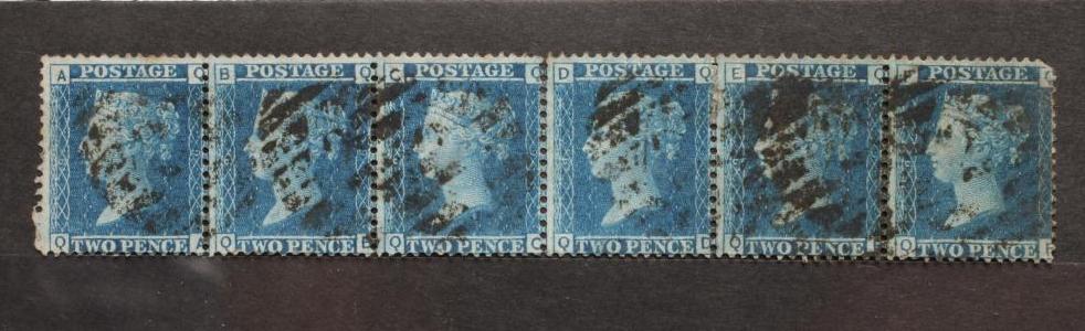1858 2d BLUE STRIP OF SIX (Est. plus 21% premium inc. VAT) Image