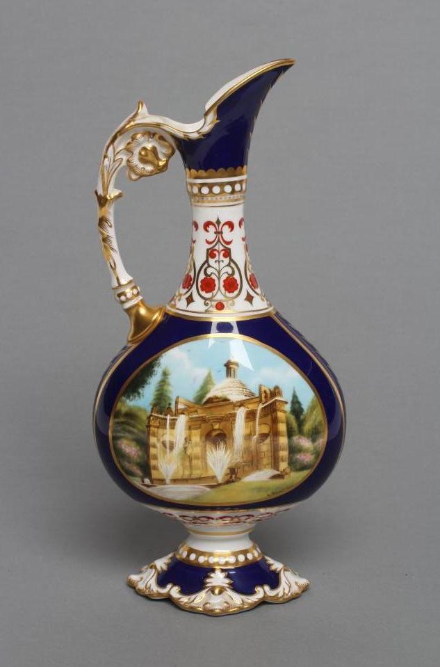 A ROYAL CROWN DERBY CHINA "CHATSWORTH VASE" painted by G. Boulton with a view of the West Front and Image