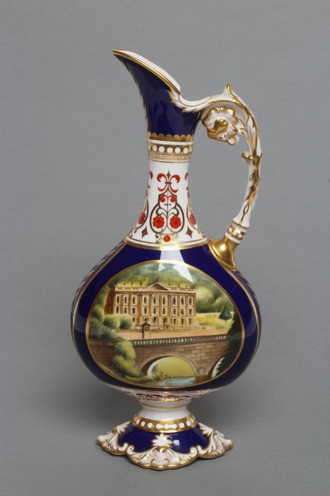 A ROYAL CROWN DERBY CHINA "CHATSWORTH VASE" painted by G. Boulton with a view of the West Front and Image