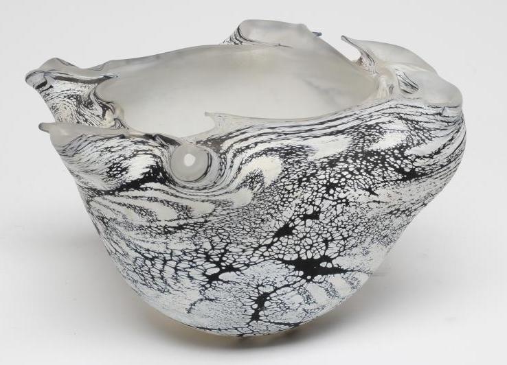 A PETER LAYTON FROSTED GLASS BOWL of abstract form with a dark blue dripped and mottled effect below Image