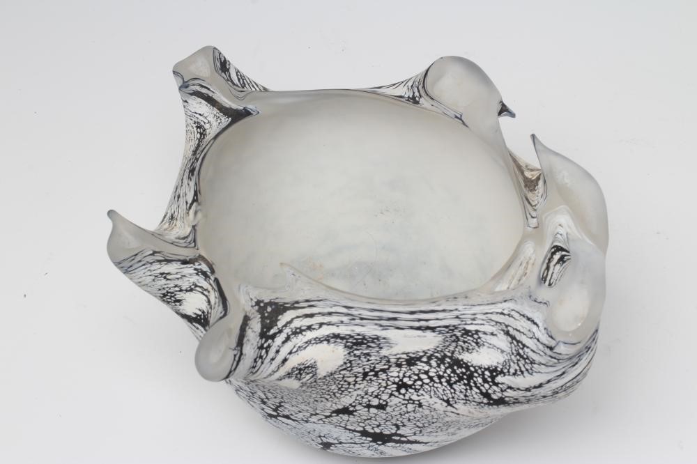 A PETER LAYTON FROSTED GLASS BOWL of abstract form with a dark blue dripped and mottled effect below Image