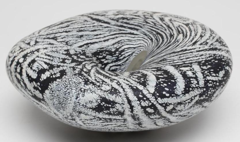 A PETER LAYTON FROSTED GLASS "BOWL" of organic pebble form with a dark blue ripple and mottled Image