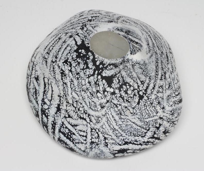 A PETER LAYTON FROSTED GLASS "BOWL" of organic pebble form with a dark blue ripple and mottled Image