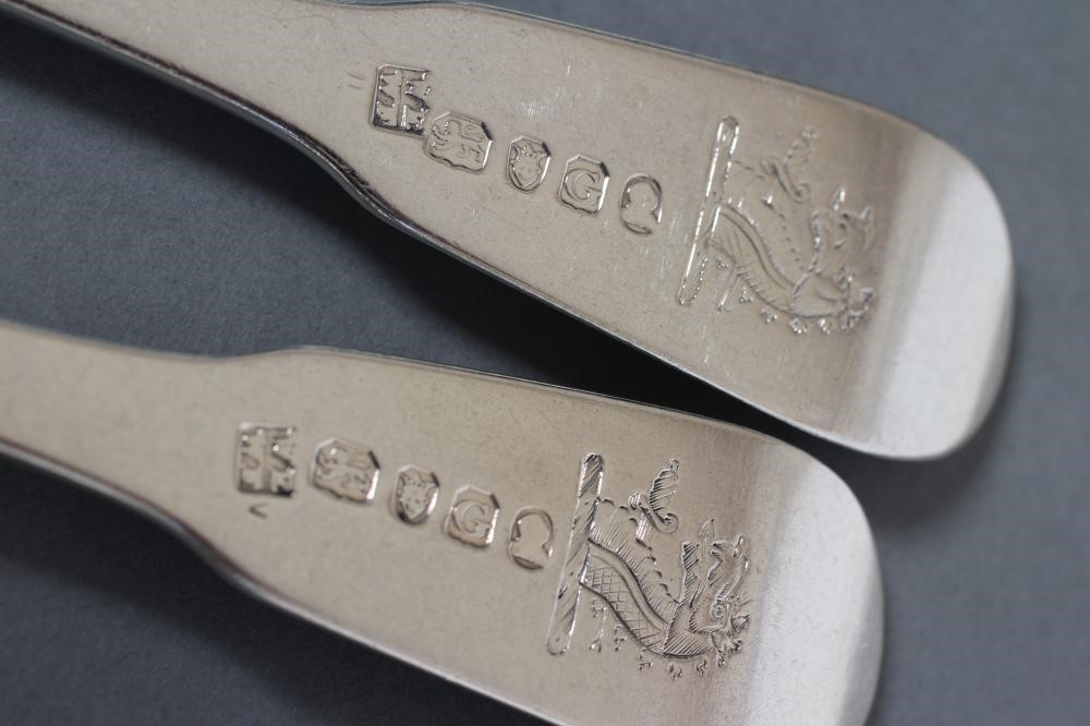 A SET OF SIX LATE GEORGE III TABLE FORKS Image