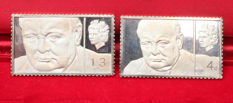 TWO ELIZABETH II 18CT GOLD WINSTON CHURCHILL REPLICA POSTAGE STAMPS Image