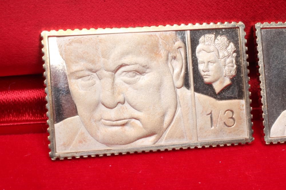 TWO ELIZABETH II 18CT GOLD WINSTON CHURCHILL REPLICA POSTAGE STAMPS Image