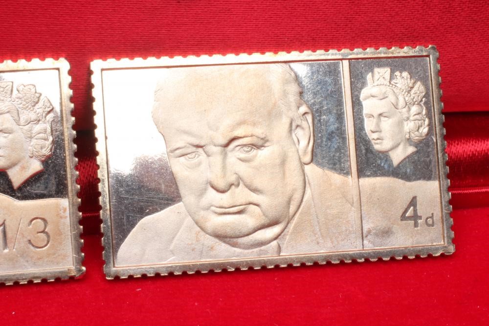 TWO ELIZABETH II 18CT GOLD WINSTON CHURCHILL REPLICA POSTAGE STAMPS Image