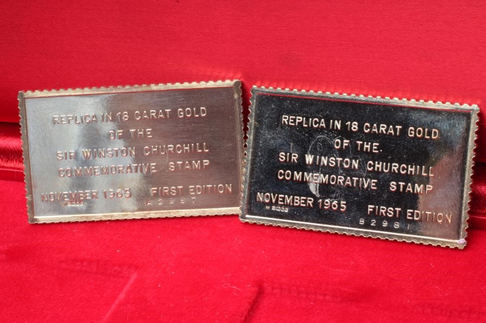 TWO ELIZABETH II 18CT GOLD WINSTON CHURCHILL REPLICA POSTAGE STAMPS Image