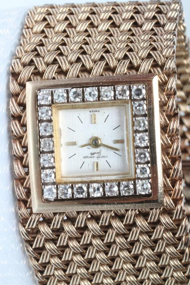 A LADY'S 9CT GOLD AND DIAMOND JAQUET-GIRARD COCKTAIL WATCH Image