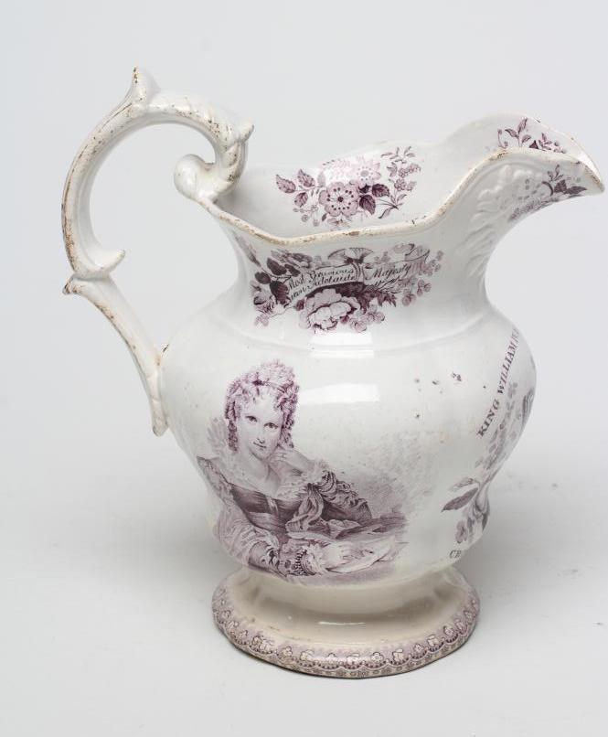 OF ROYAL INTEREST - a pottery jug of lobed baluster form printed in underglaze lilac with a half Image