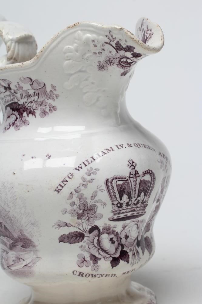 OF ROYAL INTEREST - a pottery jug of lobed baluster form printed in underglaze lilac with a half Image