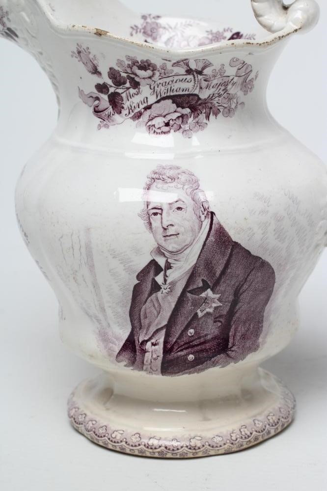 OF ROYAL INTEREST - a pottery jug of lobed baluster form printed in underglaze lilac with a half Image