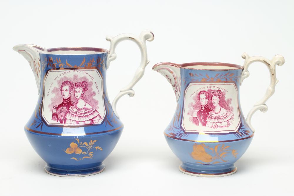 OF ROYAL INTEREST - two graduated pearlware jugs of baluster form each on-glaze printed in puce with Image