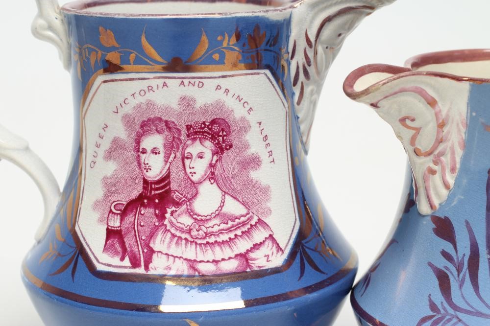 OF ROYAL INTEREST - two graduated pearlware jugs of baluster form each on-glaze printed in puce with Image