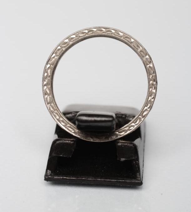 A DIAMOND ETERNITY RING with point set small stones to an engraved white shank Image