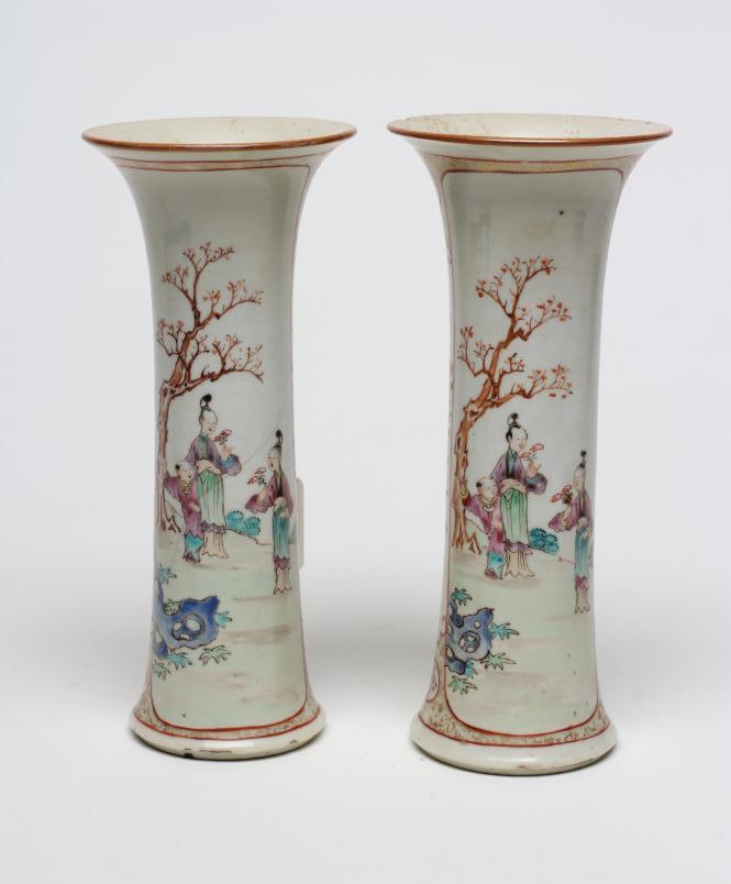 A PAIR OF CHINESE PORCELAIN VASES of waisted cylindrical form painted in coloured enamels with Image
