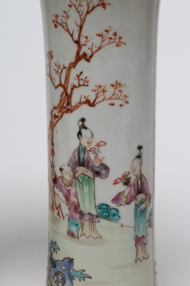 A PAIR OF CHINESE PORCELAIN VASES of waisted cylindrical form painted in coloured enamels with Image