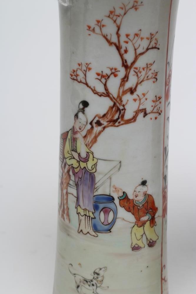 A PAIR OF CHINESE PORCELAIN VASES of waisted cylindrical form painted in coloured enamels with Image