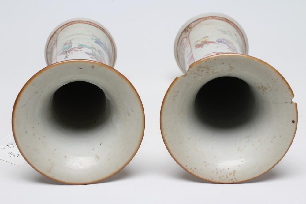 A PAIR OF CHINESE PORCELAIN VASES of waisted cylindrical form painted in coloured enamels with Image