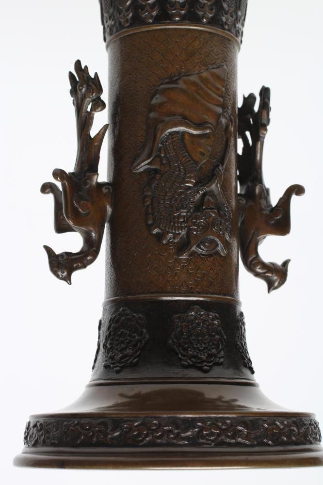 A JAPANESE BRONZE VASE of baluster form with cast and applied dragon handles and panels of mythical Image