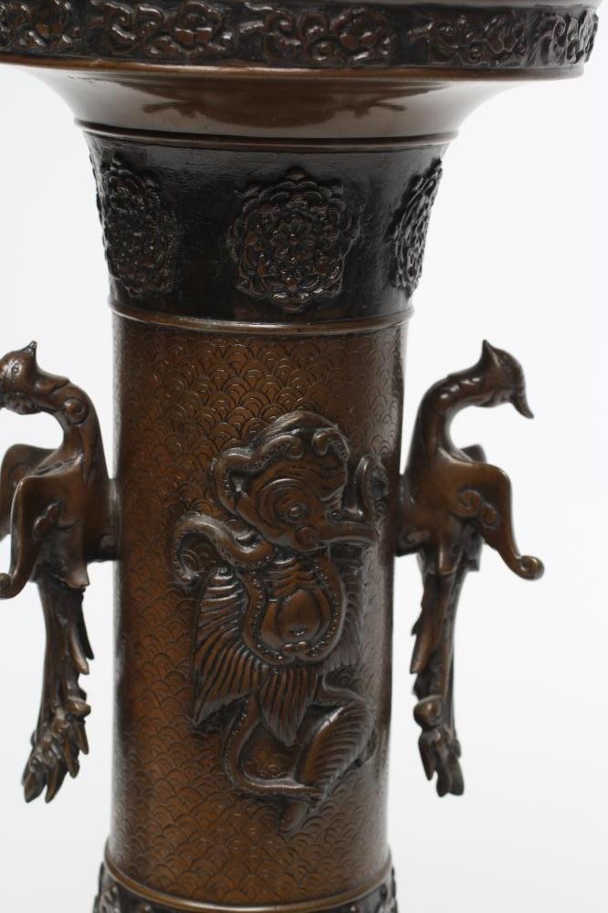 A JAPANESE BRONZE VASE of baluster form with cast and applied dragon handles and panels of mythical Image