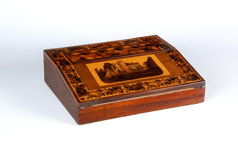 A REGENCY TUNBRIDGEWARE ROSEWOOD WRITING SLOPE Image