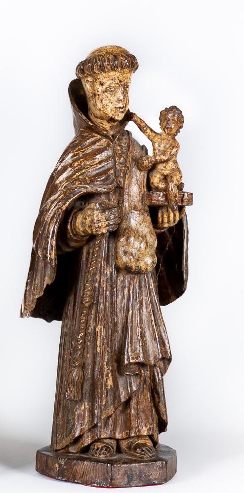 A CARVED WOOD AND PAINTED FIGURE OF ST ANTHONY OF PADUA Image