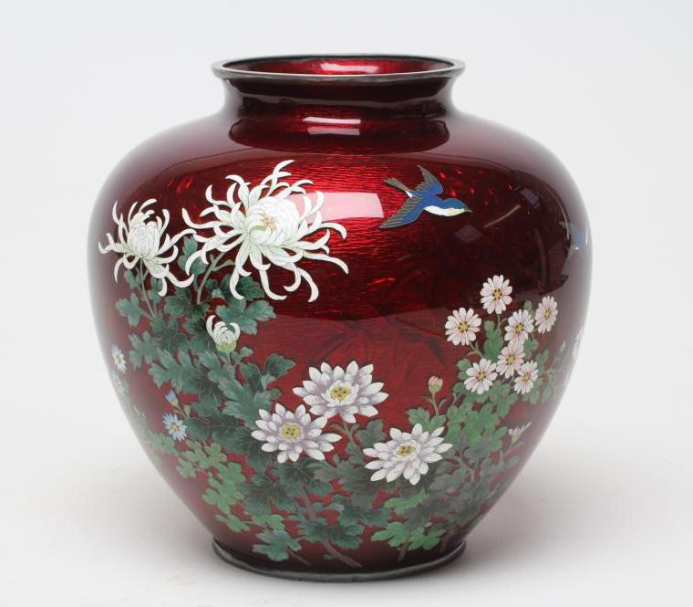 A JAPANESE GINBARRIE ENAMEL VASE of squat baluster form Image
