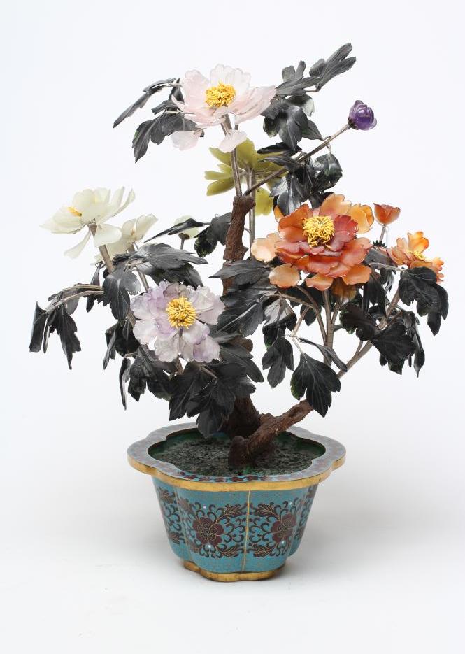 A CHINESE CLOISONNE ENAMEL AND HARDSTONE TREE Image