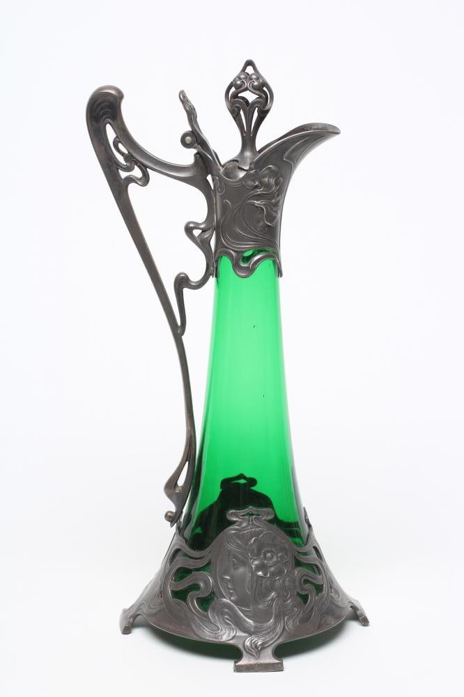 A WMF MOUNTED GREEN GLASS WINE EWER Image