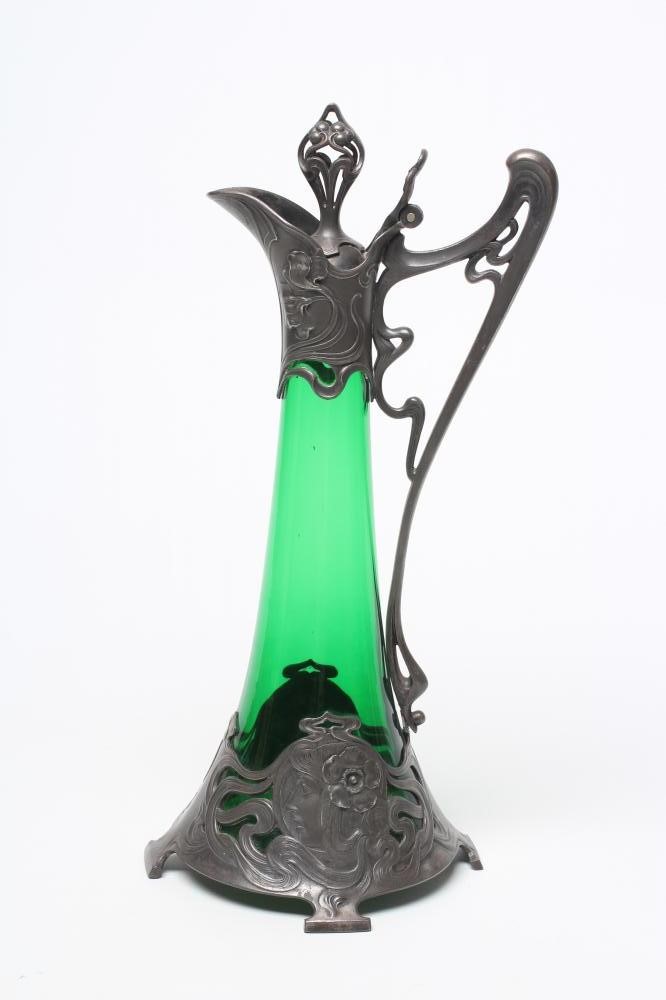 A WMF MOUNTED GREEN GLASS WINE EWER Image