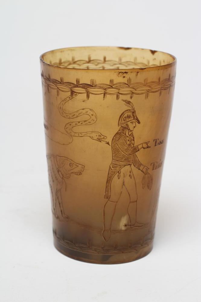 A GEORGIAN HORN BEAKER engraved with a bust portrait of a lady wearing a plumed hat and a dog Image