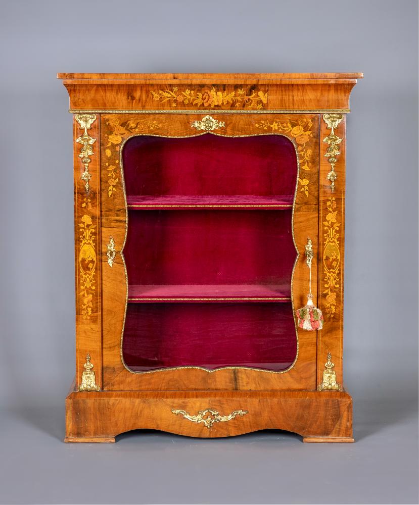 A VICTORIAN WALNUT AND FLORAL MARQUETRY PIER DISPLAY CABINET Image