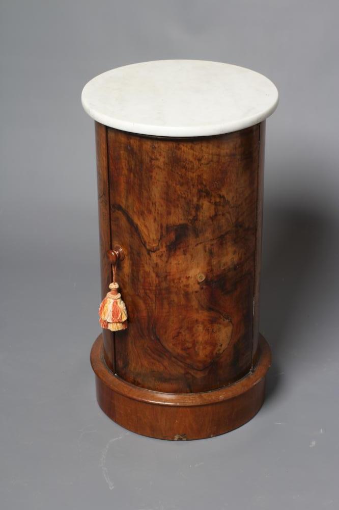 A VICTORIAN BURR WALNUT CYLINDRICAL BEDSIDE CUPBOARD with white marble top Image