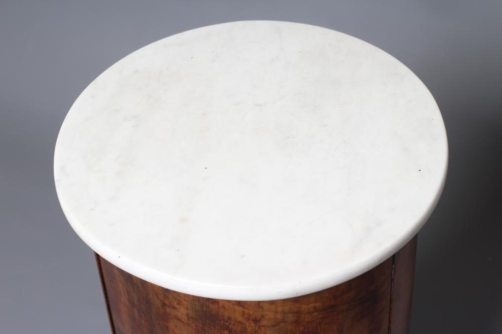 A VICTORIAN BURR WALNUT CYLINDRICAL BEDSIDE CUPBOARD with white marble top Image