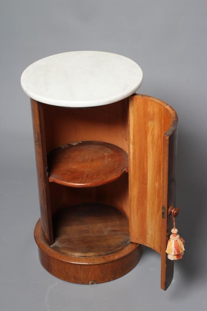 A VICTORIAN BURR WALNUT CYLINDRICAL BEDSIDE CUPBOARD with white marble top Image