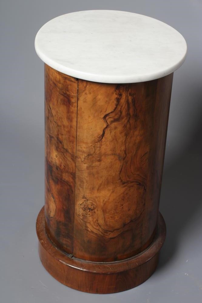 A VICTORIAN BURR WALNUT CYLINDRICAL BEDSIDE CUPBOARD with white marble top Image