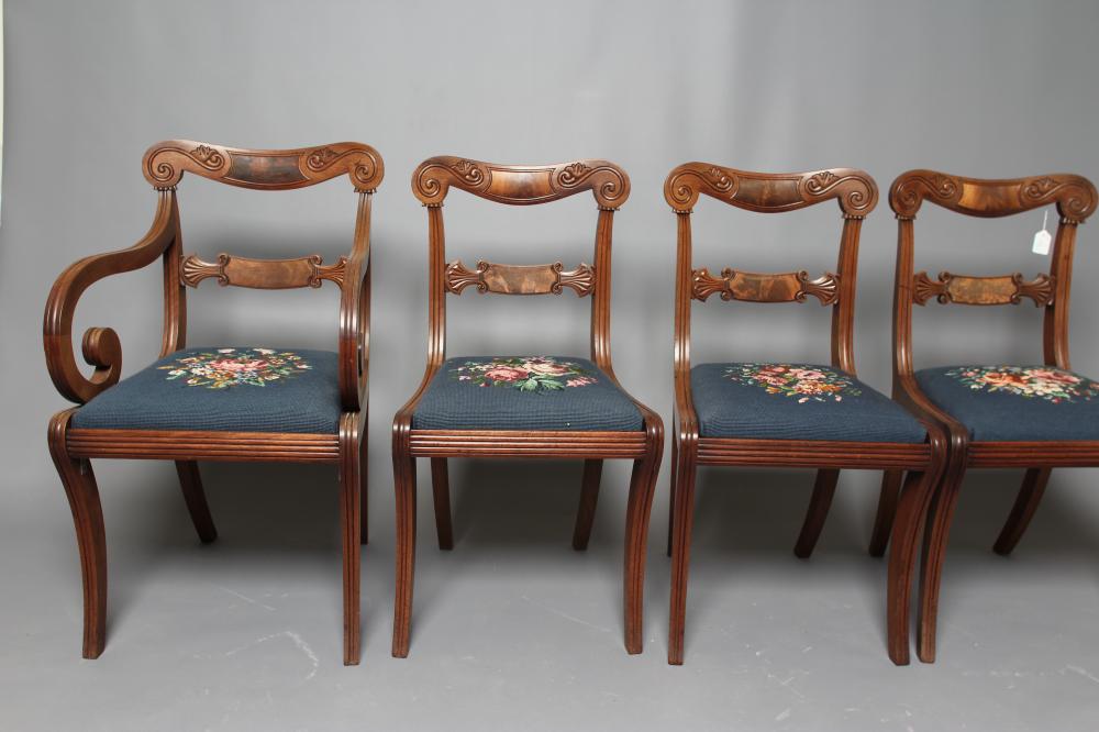 A SET OF SIX REGENCY MAHOGANY DINING CHAIRS including an elbow chair Image