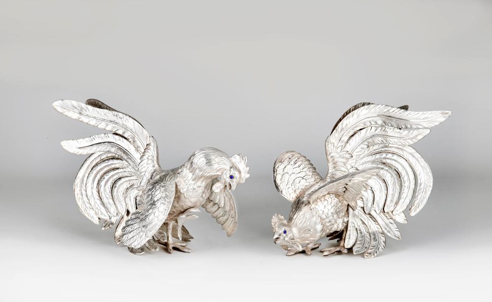 A PAIR OF MODELS OF FIGHTING COCKS Image