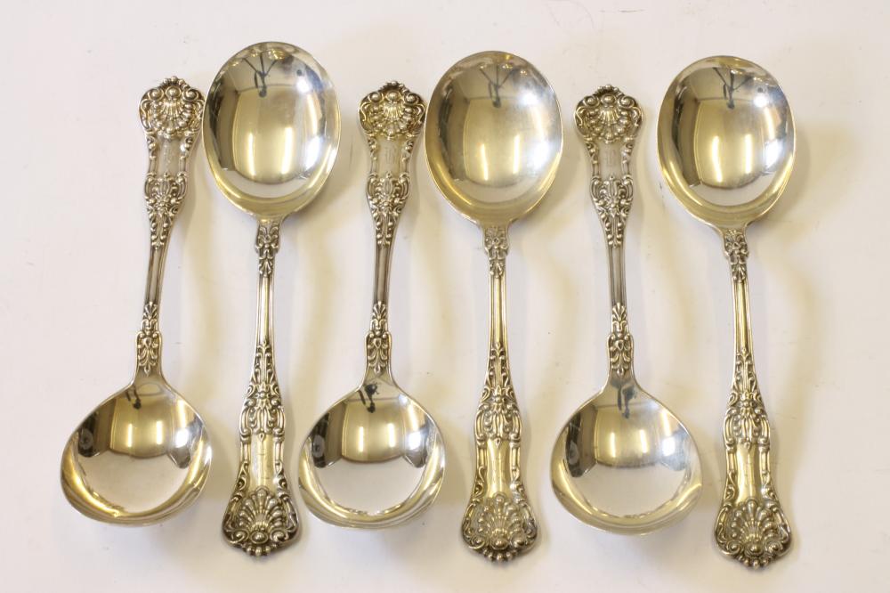 A SET OF SIX SILVER SOUP SPOONS Image