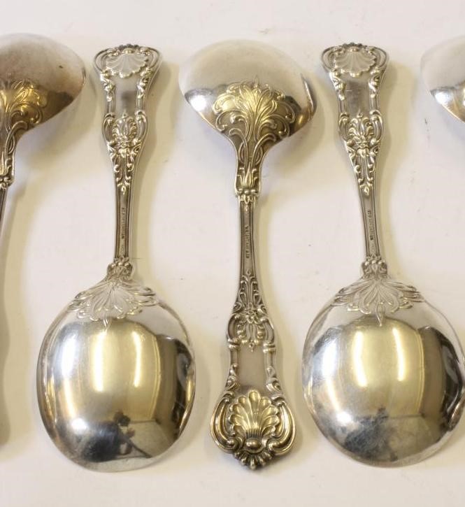 A SET OF SIX SILVER SOUP SPOONS Image