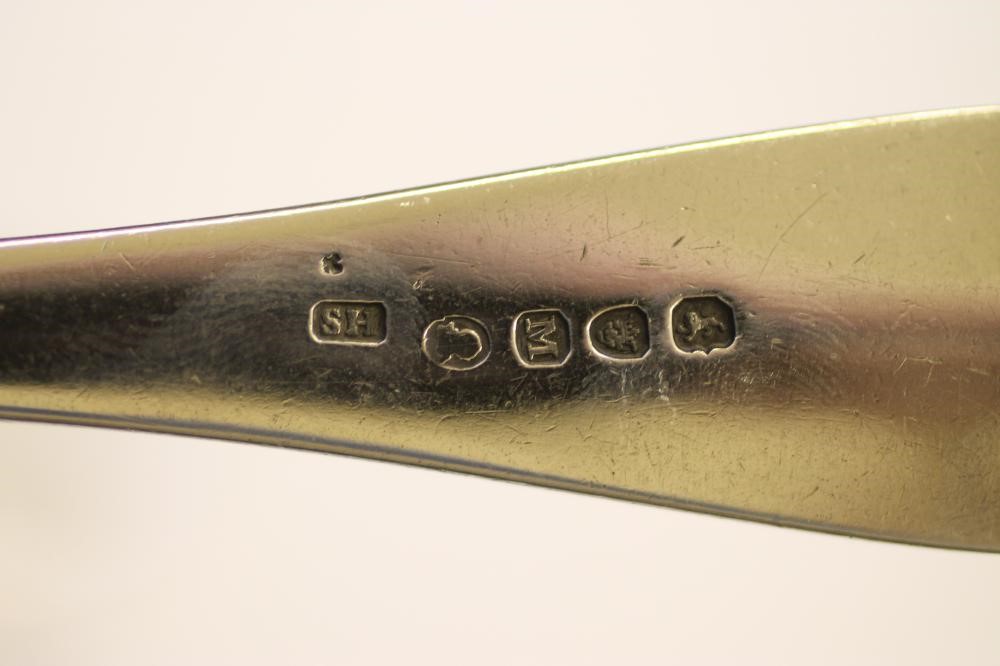 A SET OF SIX LATE GEORGE III SILVER DESSERT SPOONS Image