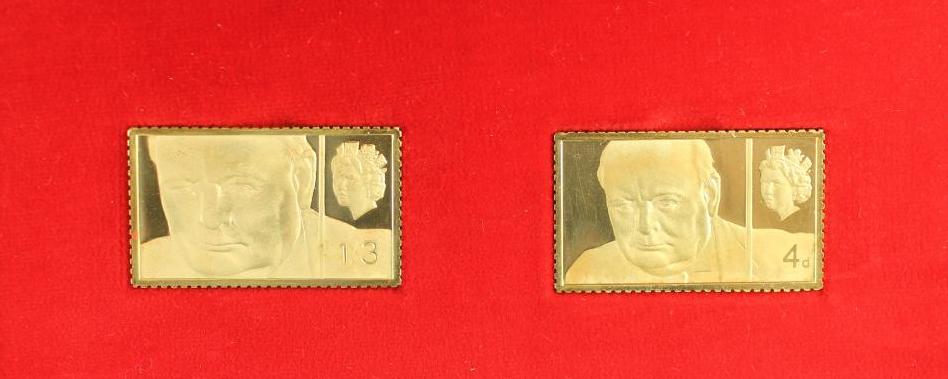 TWO 18CT GOLD WINSTON CHURCHILL STAMP REPLICAS Image