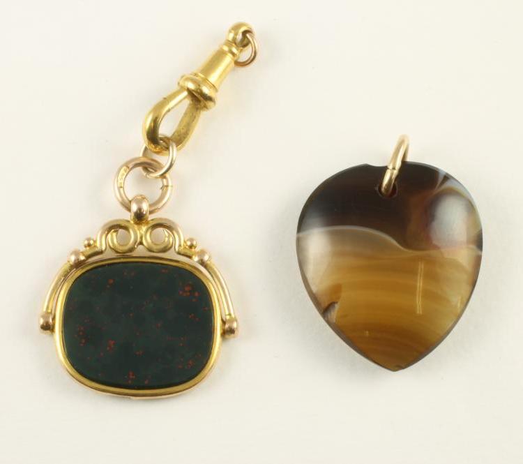 A 9CT GOLD FANCY SWIVEL FOB set with a polished oblong bloodstone panel together with a polished Image