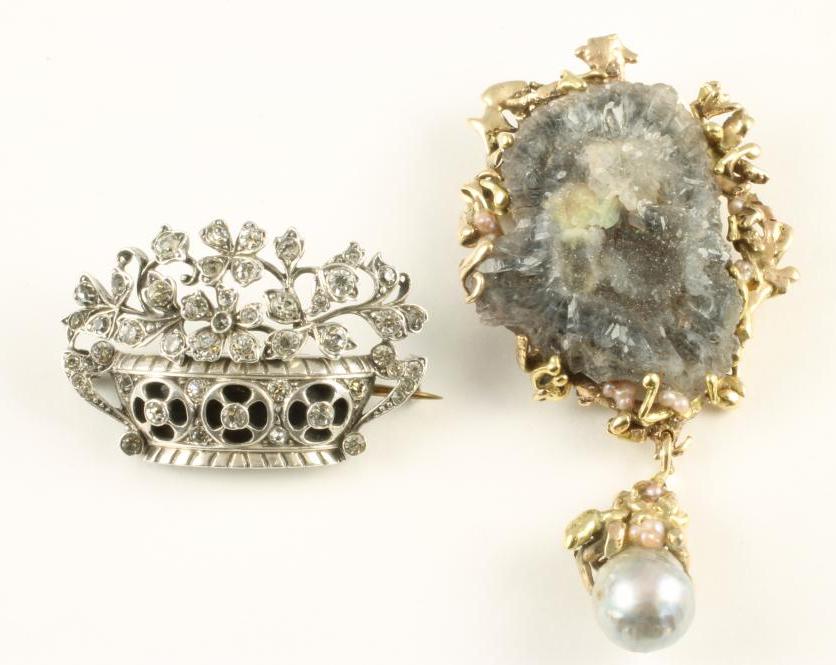 A FRENCH ART DECO SILVER BROOCH modelled as a basket of flowers close back collet set with clear Image