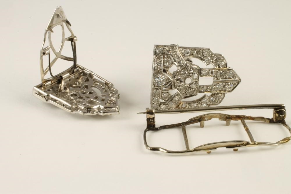 AN ART DECO DIAMOND CLIP BROOCH of shaped oblong form Image
