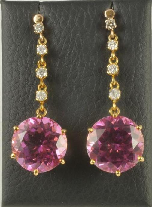 A PAIR OF PINK TOPAZ AND DIAMOND EAR PENDANTS Image