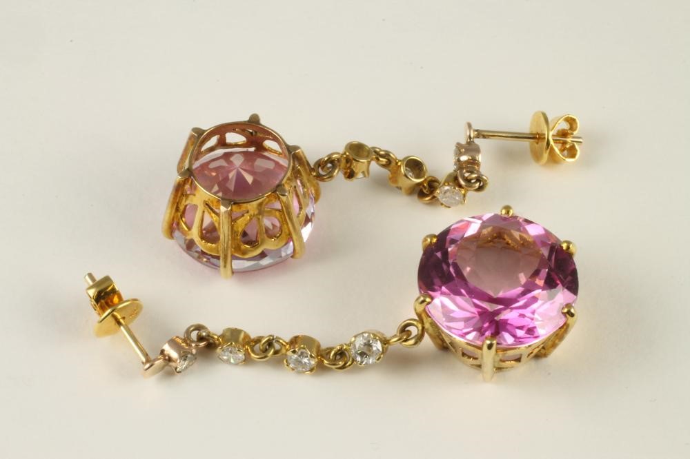 A PAIR OF PINK TOPAZ AND DIAMOND EAR PENDANTS Image